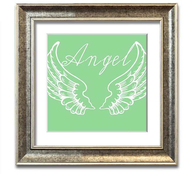 Angel Wings 4 Green Square Framed Print with intricate design, ready to hang.