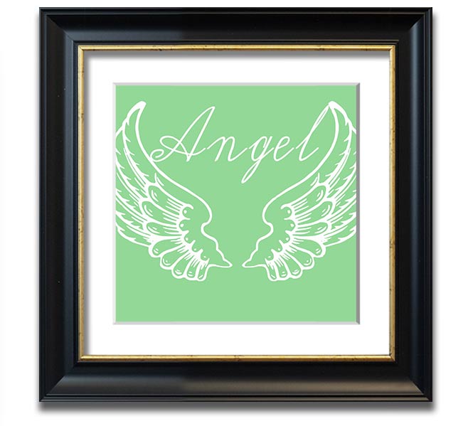 Angel Wings 4 Green Square Framed Print with intricate design, ready to hang.