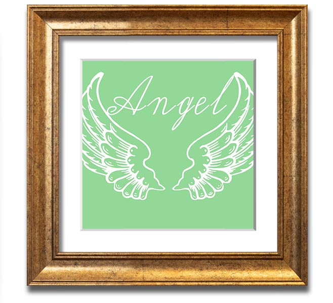 Angel Wings 4 Green Square Framed Print with intricate design, ready to hang.