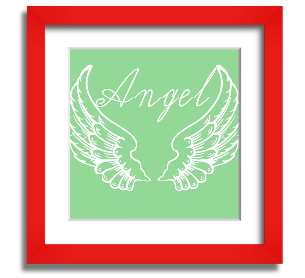 Angel Wings 4 Green Square Framed Print with intricate design, ready to hang.