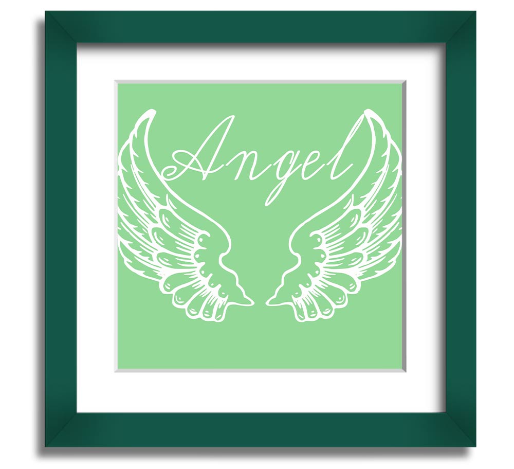 Angel Wings 4 Green Square Framed Print with intricate design, ready to hang.