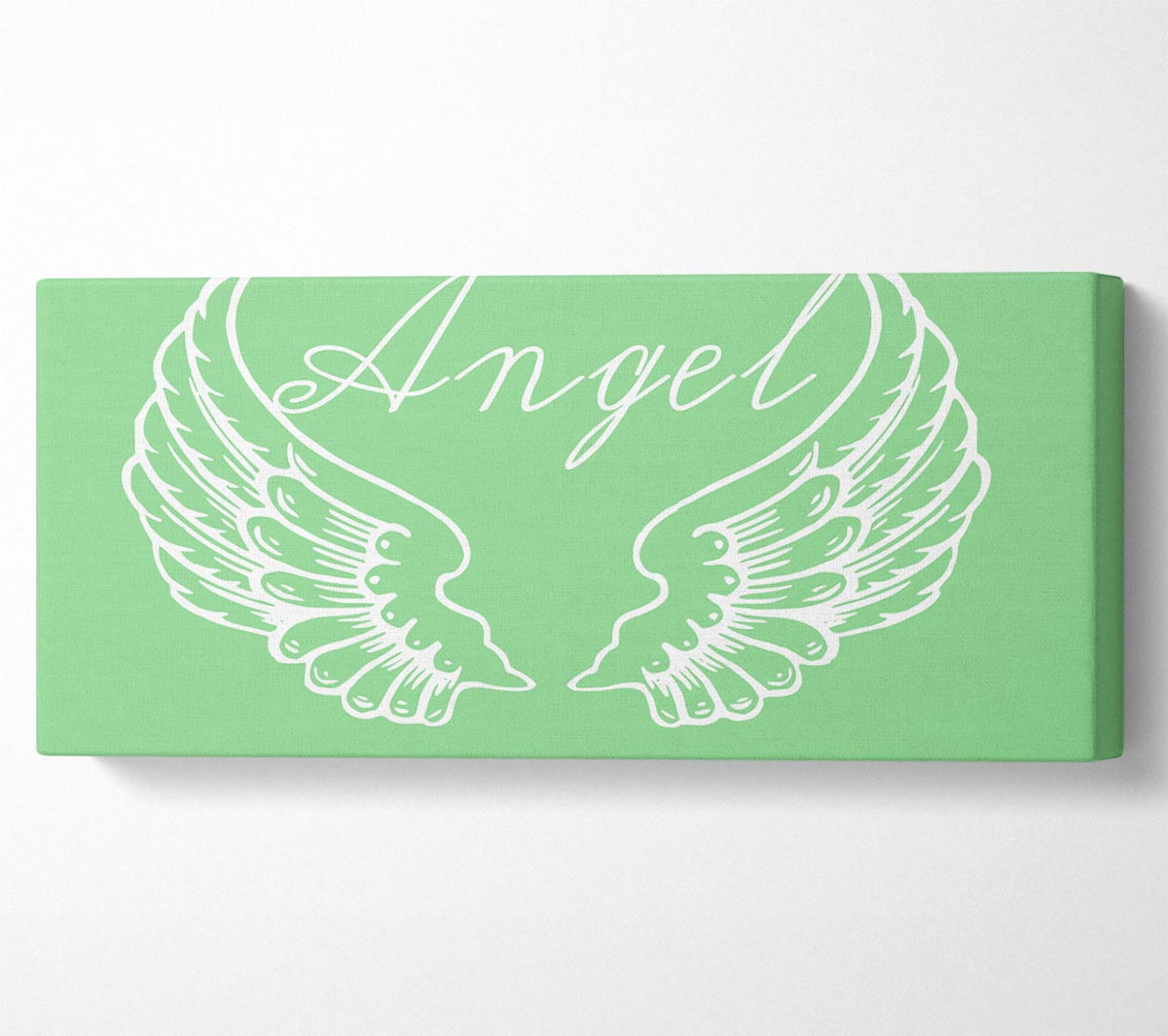 Angel Wings 4 Green canvas art featuring vibrant green wings on a coated polyester surface, mounted on a sturdy 44mm box frame.