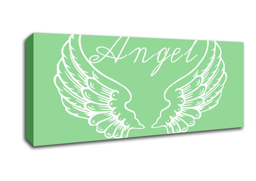 Angel Wings 4 Green canvas art featuring vibrant green wings on a coated polyester surface, mounted on a sturdy 44mm box frame.