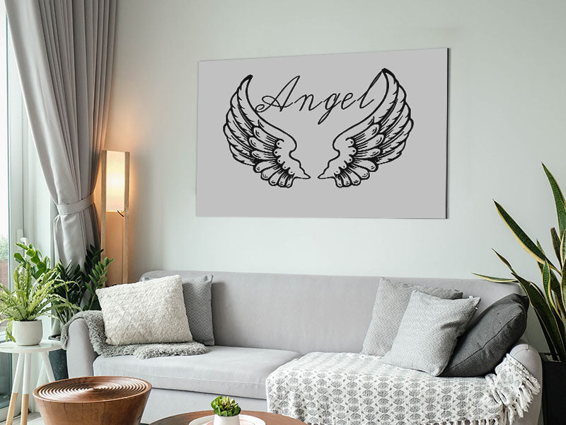 Angel Wings 4 Grey artwork printed on brushed aluminium dibond, showcasing elegant grey wings with a modern design.