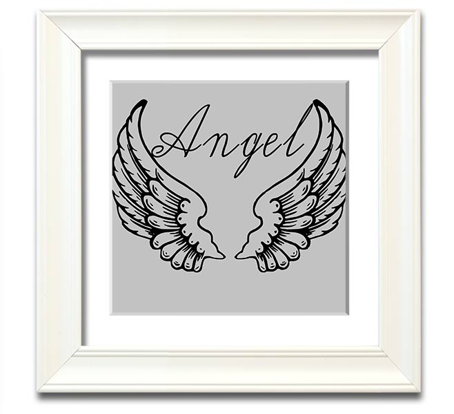 Angel Wings 4 Grey Square Framed Print showcasing delicate angel wings in soft grey tones, elegantly framed and ready to hang.