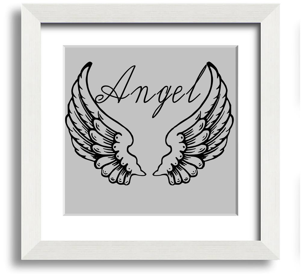 Angel Wings 4 Grey Square Framed Print showcasing delicate angel wings in soft grey tones, elegantly framed and ready to hang.