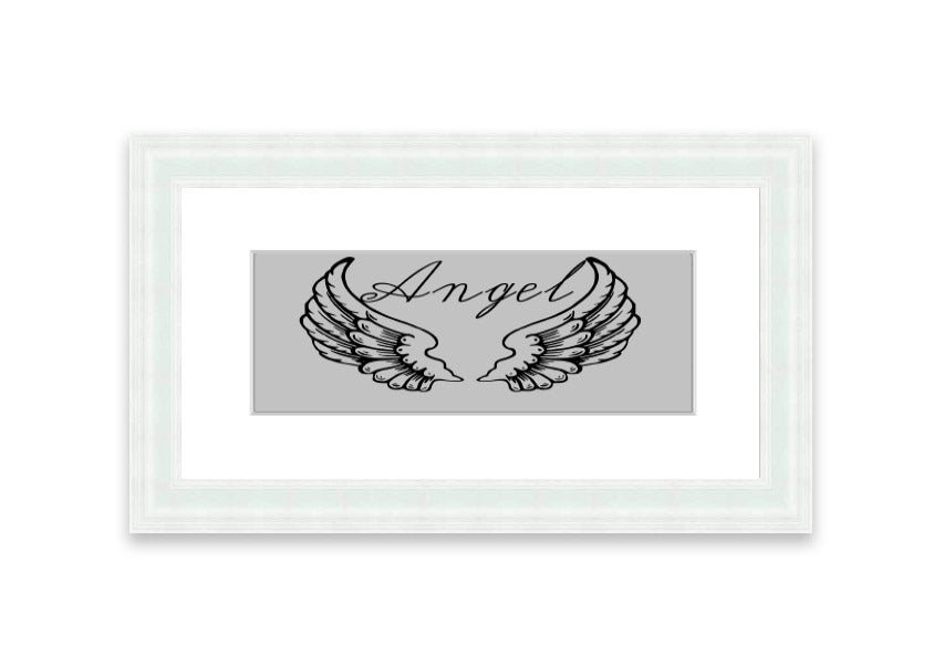 Angel Wings 4 Grey framed print showcasing delicate angel wings design, available in various frame colors.