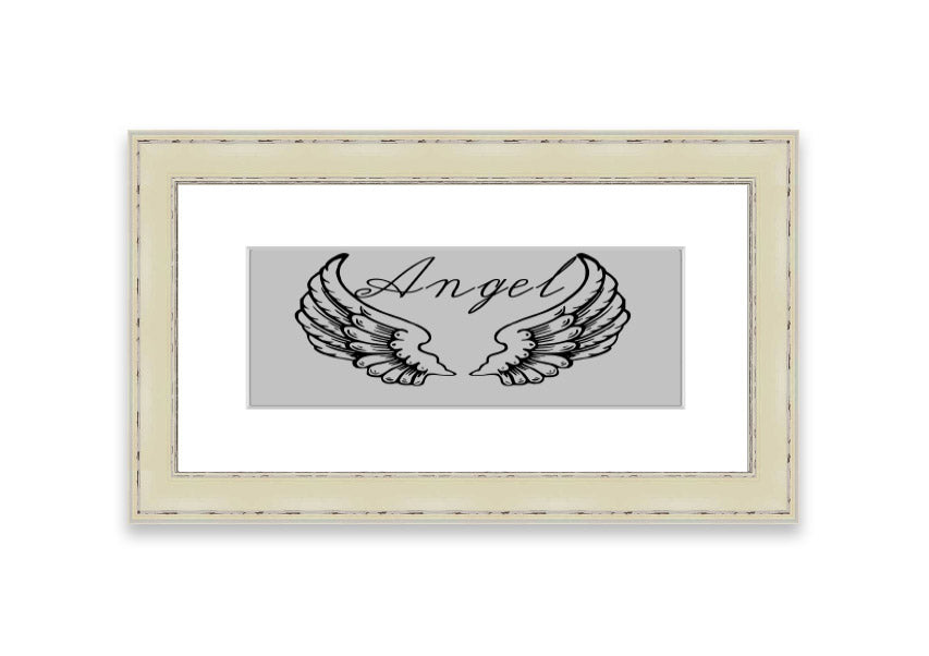 Angel Wings 4 Grey framed print showcasing delicate angel wings design, available in various frame colors.