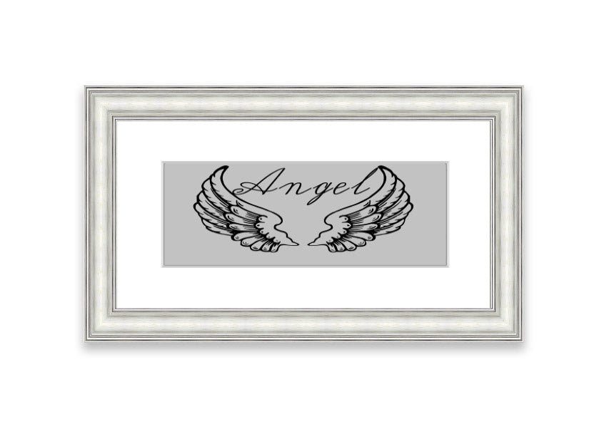 Angel Wings 4 Grey framed print showcasing delicate angel wings design, available in various frame colors.