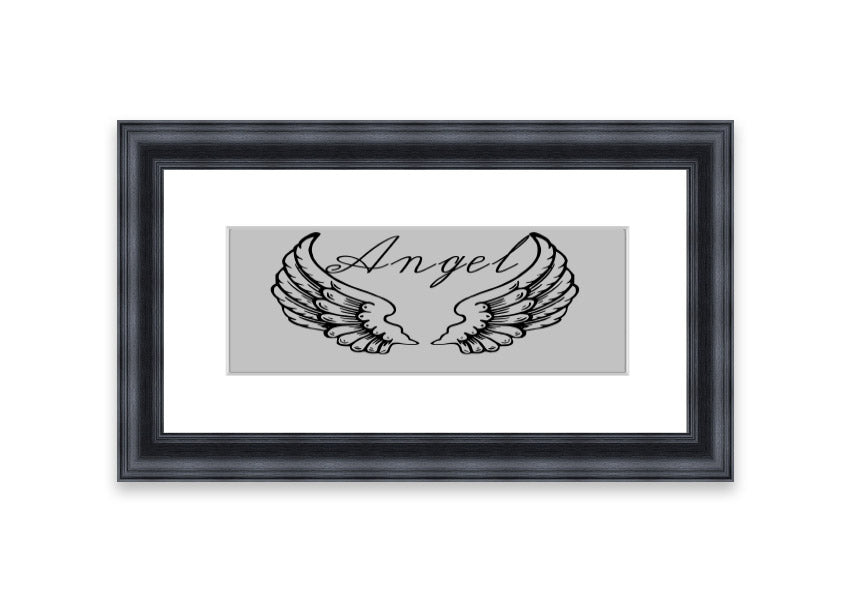 Angel Wings 4 Grey framed print showcasing delicate angel wings design, available in various frame colors.