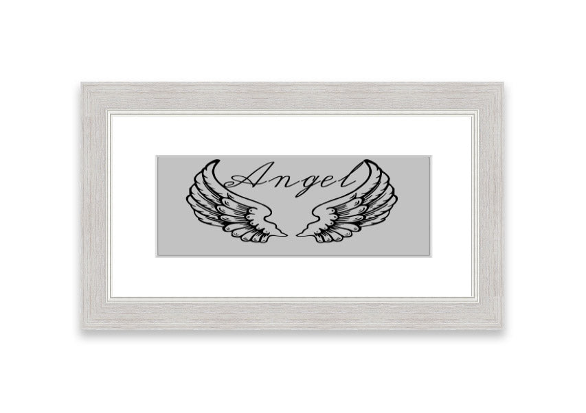 Angel Wings 4 Grey framed print showcasing delicate angel wings design, available in various frame colors.