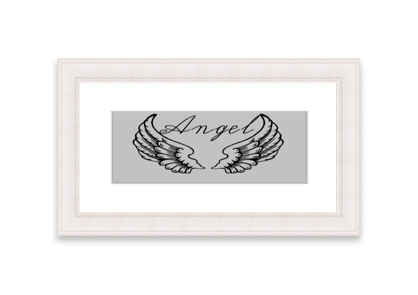 Angel Wings 4 Grey framed print showcasing delicate angel wings design, available in various frame colors.