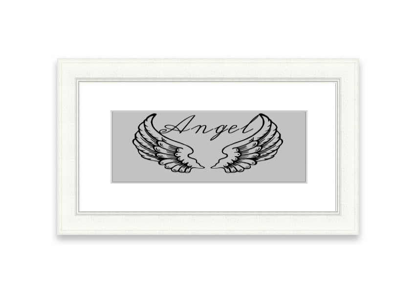 Angel Wings 4 Grey framed print showcasing delicate angel wings design, available in various frame colors.