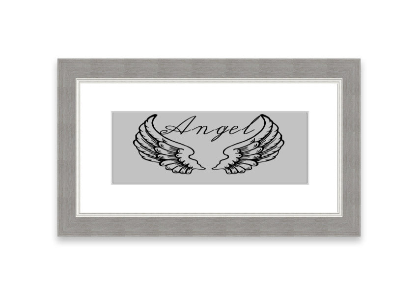 Angel Wings 4 Grey framed print showcasing delicate angel wings design, available in various frame colors.