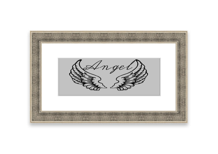 Angel Wings 4 Grey framed print showcasing delicate angel wings design, available in various frame colors.