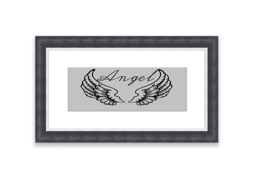 Angel Wings 4 Grey framed print showcasing delicate angel wings design, available in various frame colors.