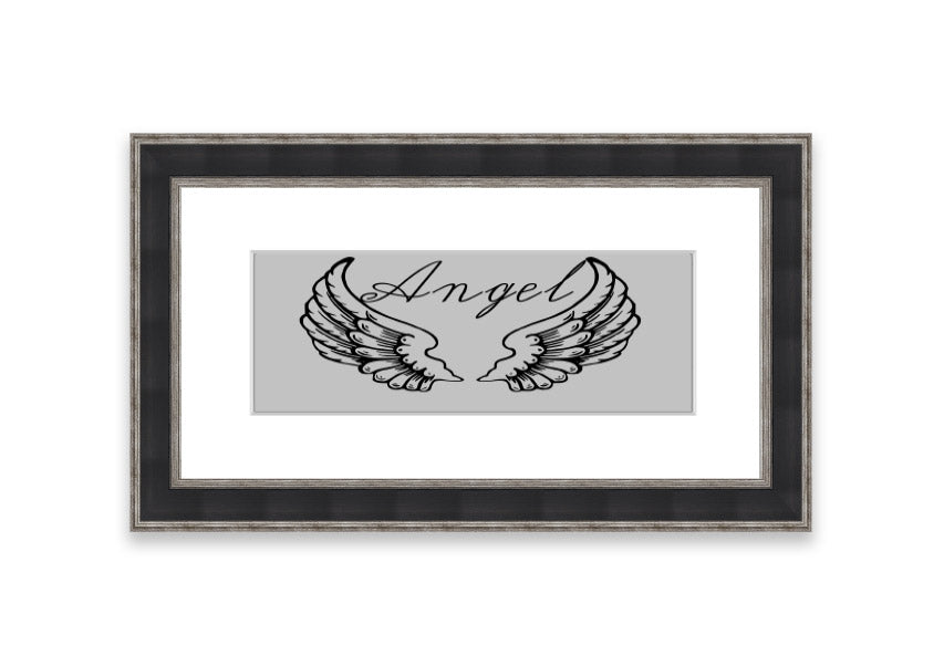 Angel Wings 4 Grey framed print showcasing delicate angel wings design, available in various frame colors.