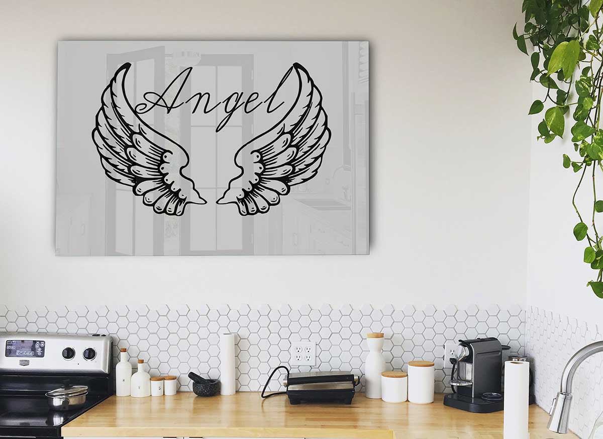 Angel Wings 4 Grey glass print featuring elegant angel wings design in a sophisticated grey color scheme.