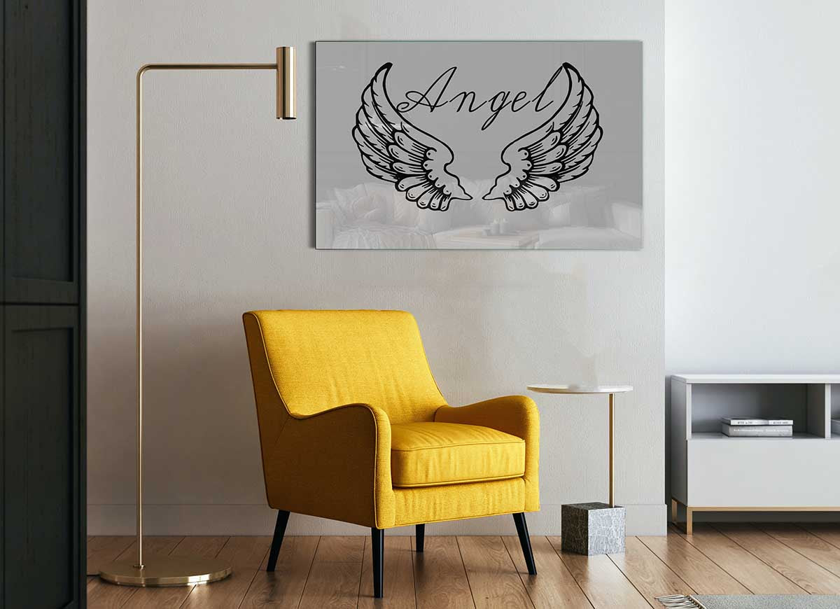 Angel Wings 4 Grey glass print featuring elegant angel wings design in a sophisticated grey color scheme.