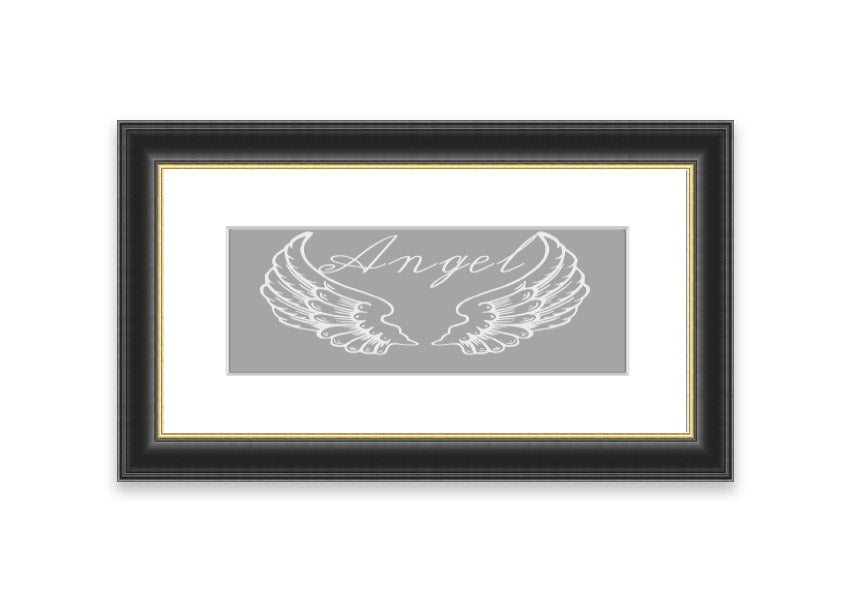 Framed print of angel wings in grey and white, elegantly designed and ready to hang.