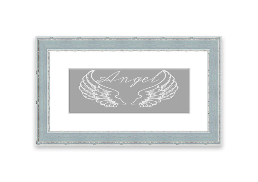 Framed print of angel wings in grey and white, elegantly designed and ready to hang.