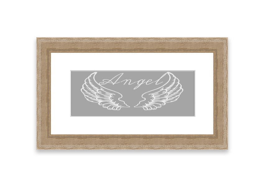 Framed print of angel wings in grey and white, elegantly designed and ready to hang.