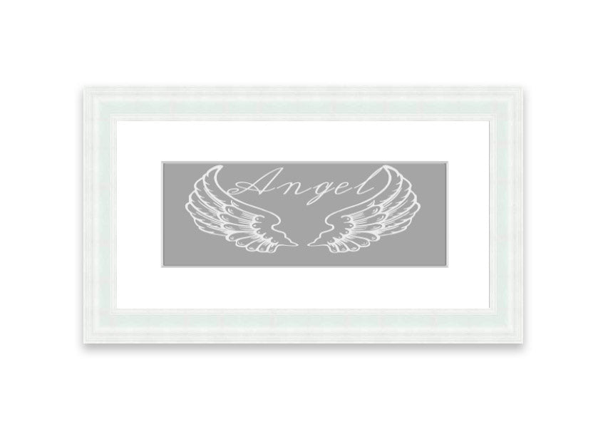 Framed print of angel wings in grey and white, elegantly designed and ready to hang.