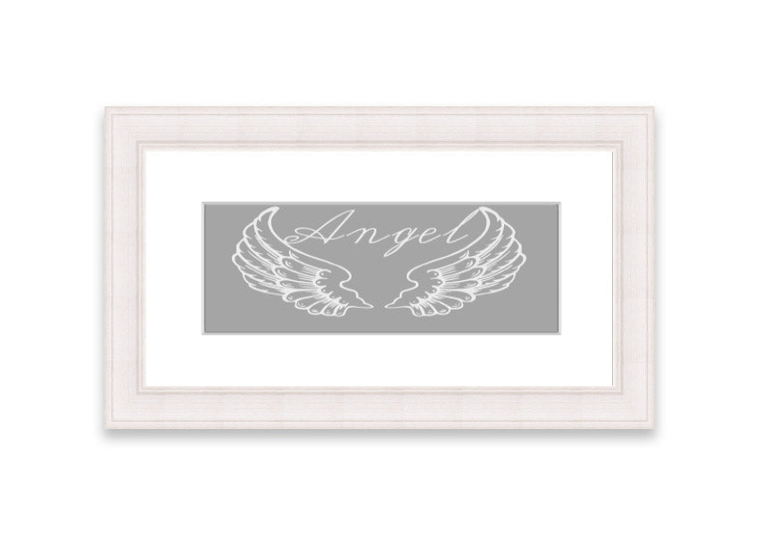 Framed print of angel wings in grey and white, elegantly designed and ready to hang.