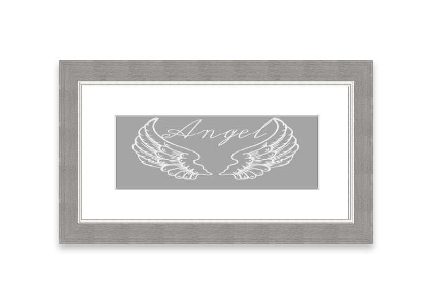 Framed print of angel wings in grey and white, elegantly designed and ready to hang.