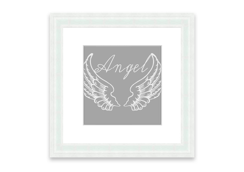 Framed print of angel wings in grey and white, elegantly designed and ready to hang.