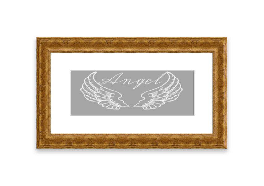 Framed print of angel wings in grey and white, elegantly designed and ready to hang.