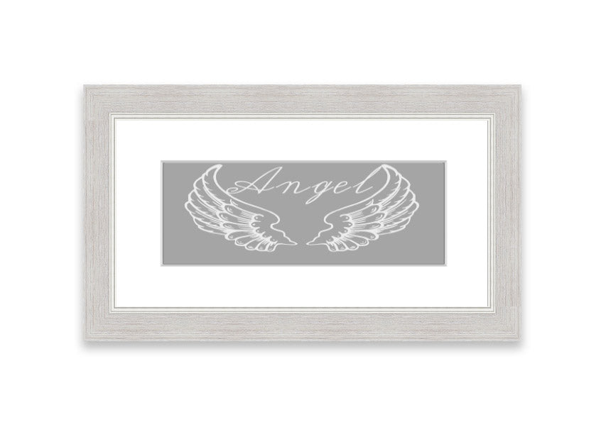 Framed print of angel wings in grey and white, elegantly designed and ready to hang.