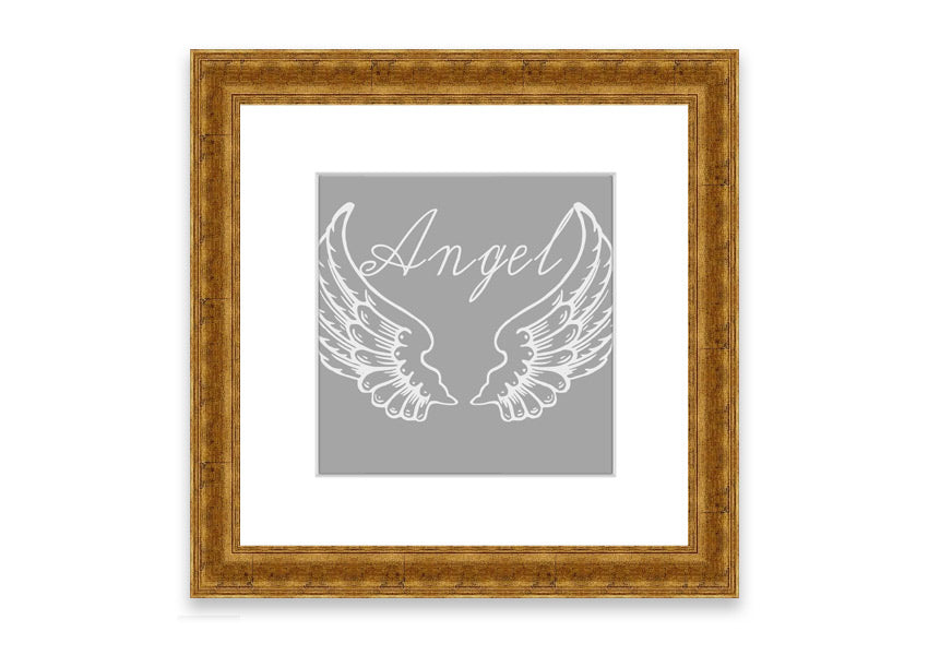 Framed print of angel wings in grey and white, elegantly designed and ready to hang.