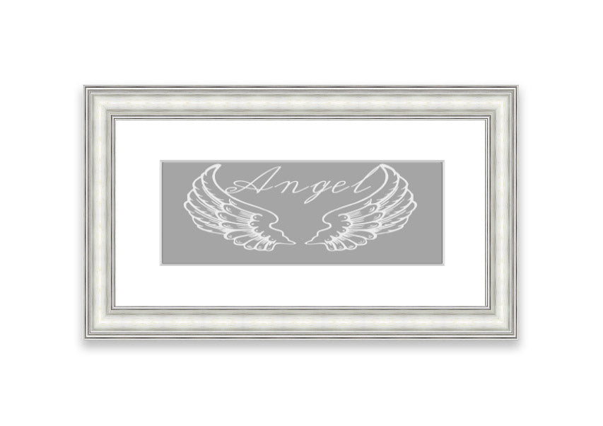 Framed print of angel wings in grey and white, elegantly designed and ready to hang.