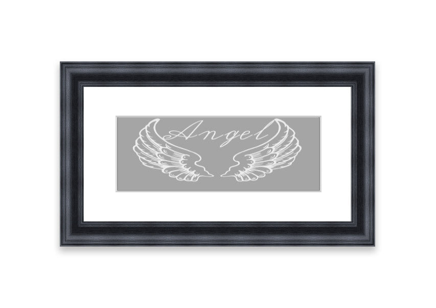 Framed print of angel wings in grey and white, elegantly designed and ready to hang.