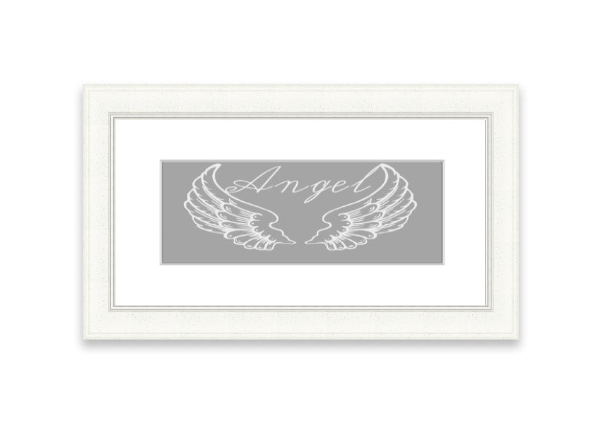 Framed print of angel wings in grey and white, elegantly designed and ready to hang.