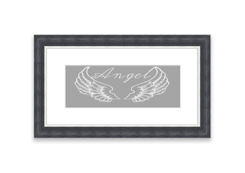 Framed print of angel wings in grey and white, elegantly designed and ready to hang.