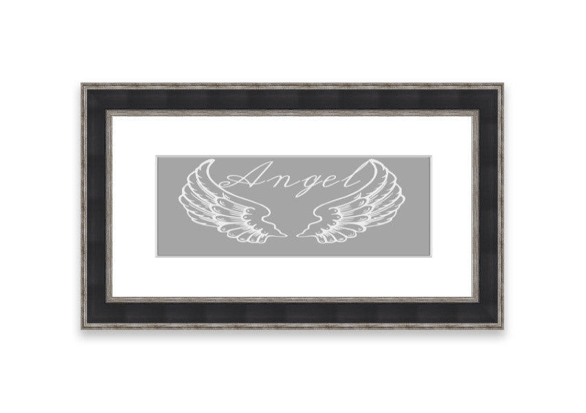 Framed print of angel wings in grey and white, elegantly designed and ready to hang.