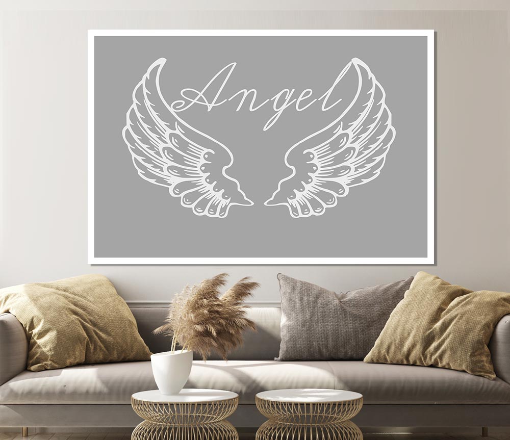 Angel Wings 4 Grey White canvas poster featuring elegant grey and white wings design, perfect for home decor.