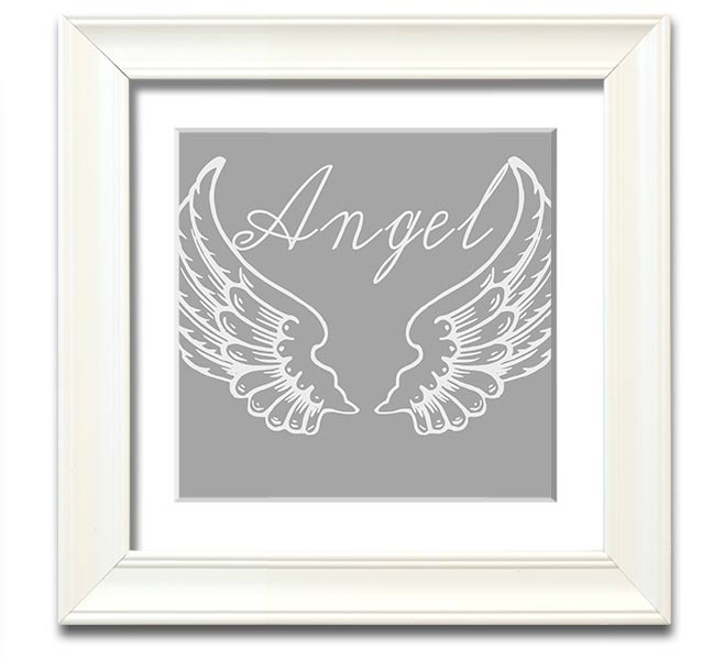 Angel Wings 4 Grey White Square Framed Print showcasing delicate angel wings in soft grey and white tones.