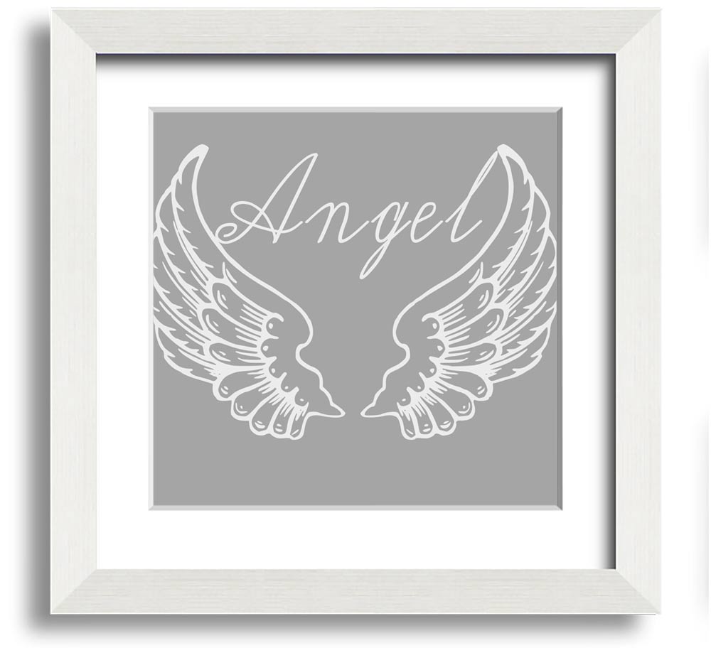 Angel Wings 4 Grey White Square Framed Print showcasing delicate angel wings in soft grey and white tones.