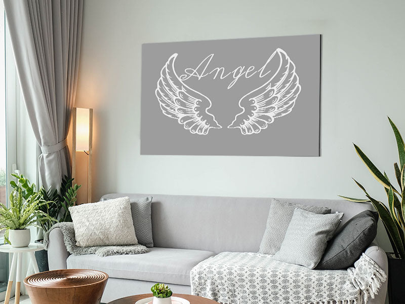 Angel Wings 4 Grey White art print on brushed aluminium dibond, showcasing elegant grey and white colors.