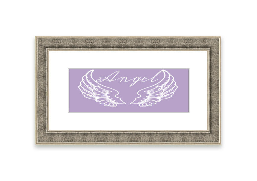 Framed print of angel wings in lilac color, elegantly designed and ready to hang.