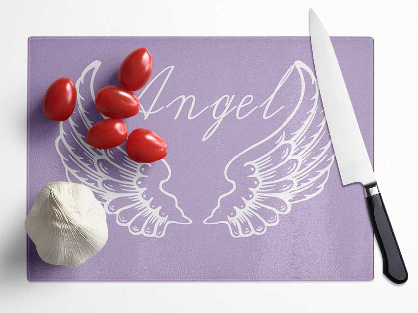 Angel Wings 4 Lilac chopping board made of tempered glass with a chinchilla ripple effect and anti-slip feet.