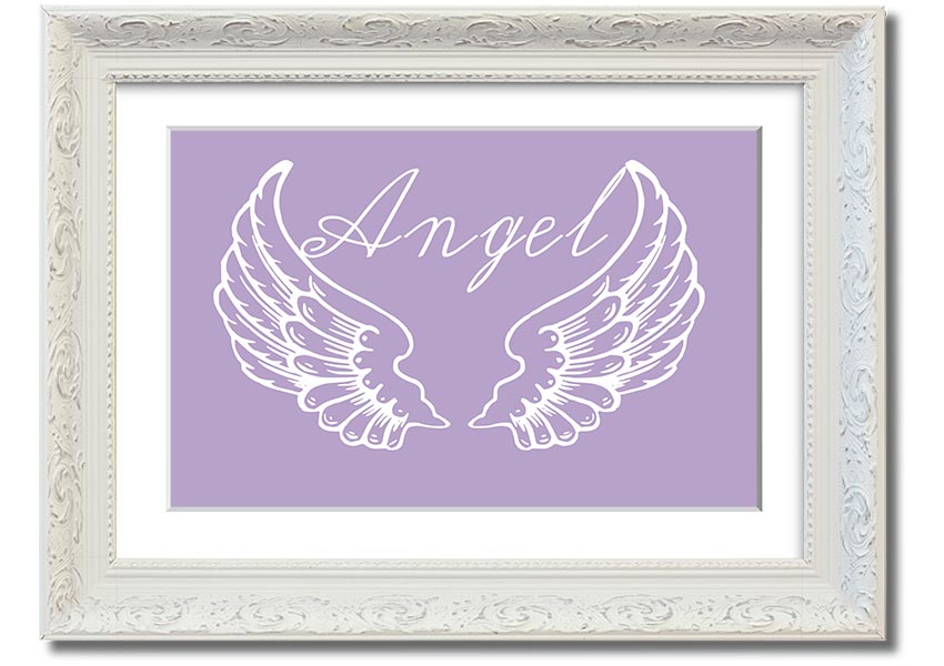 Framed print of delicate lilac angel wings, handmade in the UK, ready to hang.