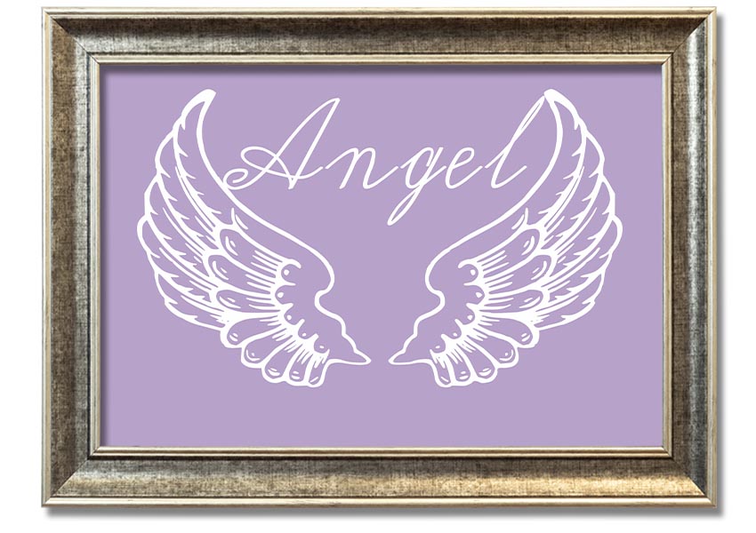 Framed print of delicate lilac angel wings, handmade in the UK, ready to hang.