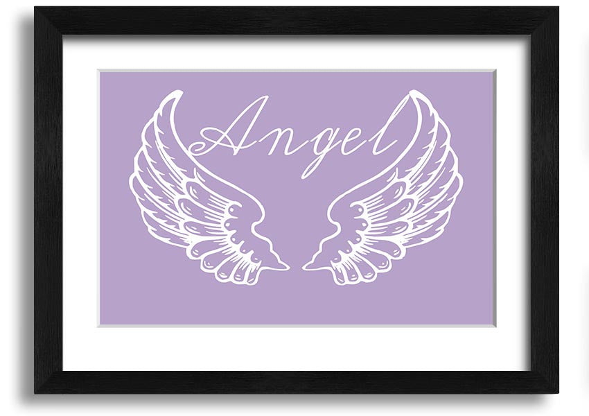 Framed print of delicate lilac angel wings, handmade in the UK, ready to hang.