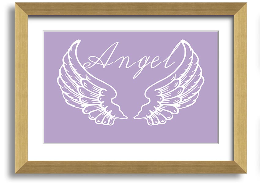 Framed print of delicate lilac angel wings, handmade in the UK, ready to hang.