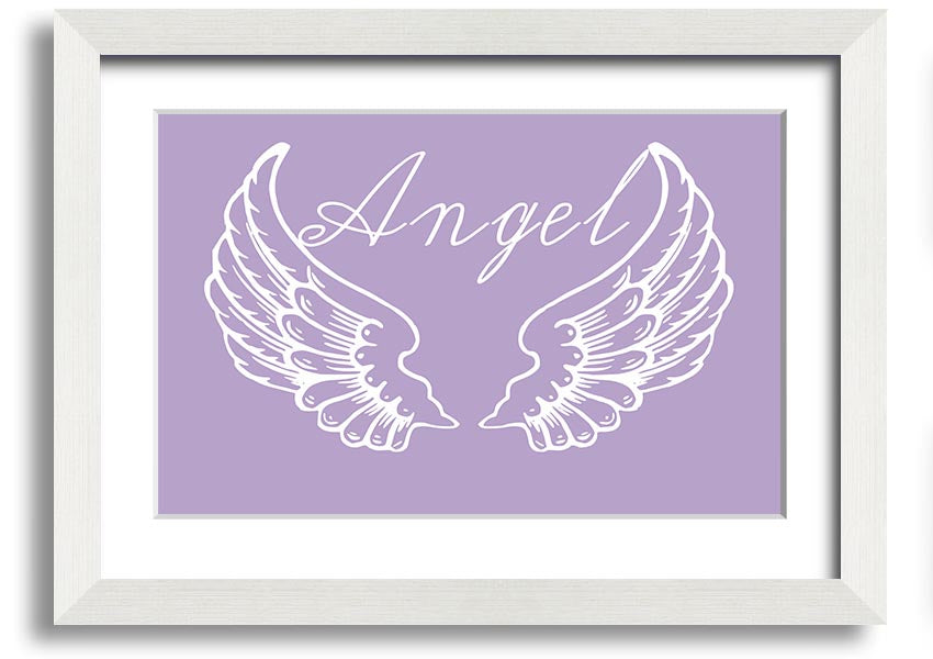 Framed print of delicate lilac angel wings, handmade in the UK, ready to hang.