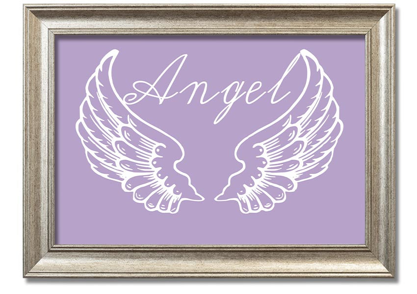 Framed print of delicate lilac angel wings, handmade in the UK, ready to hang.